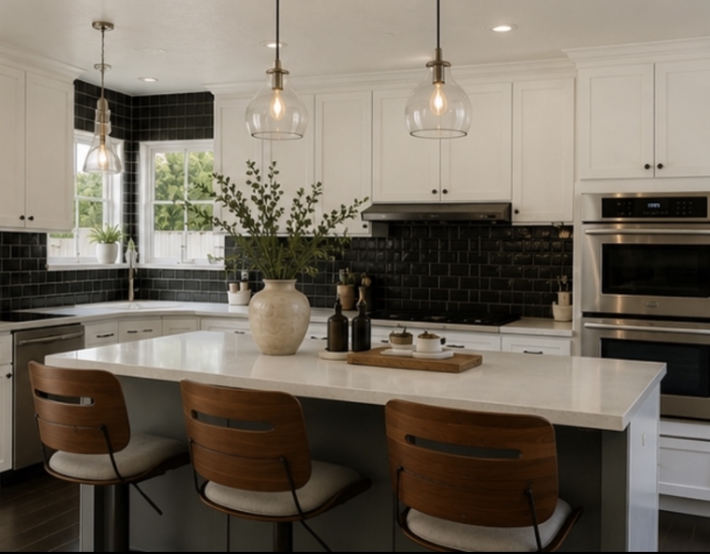 Chef's kitchen with black tile backsplash