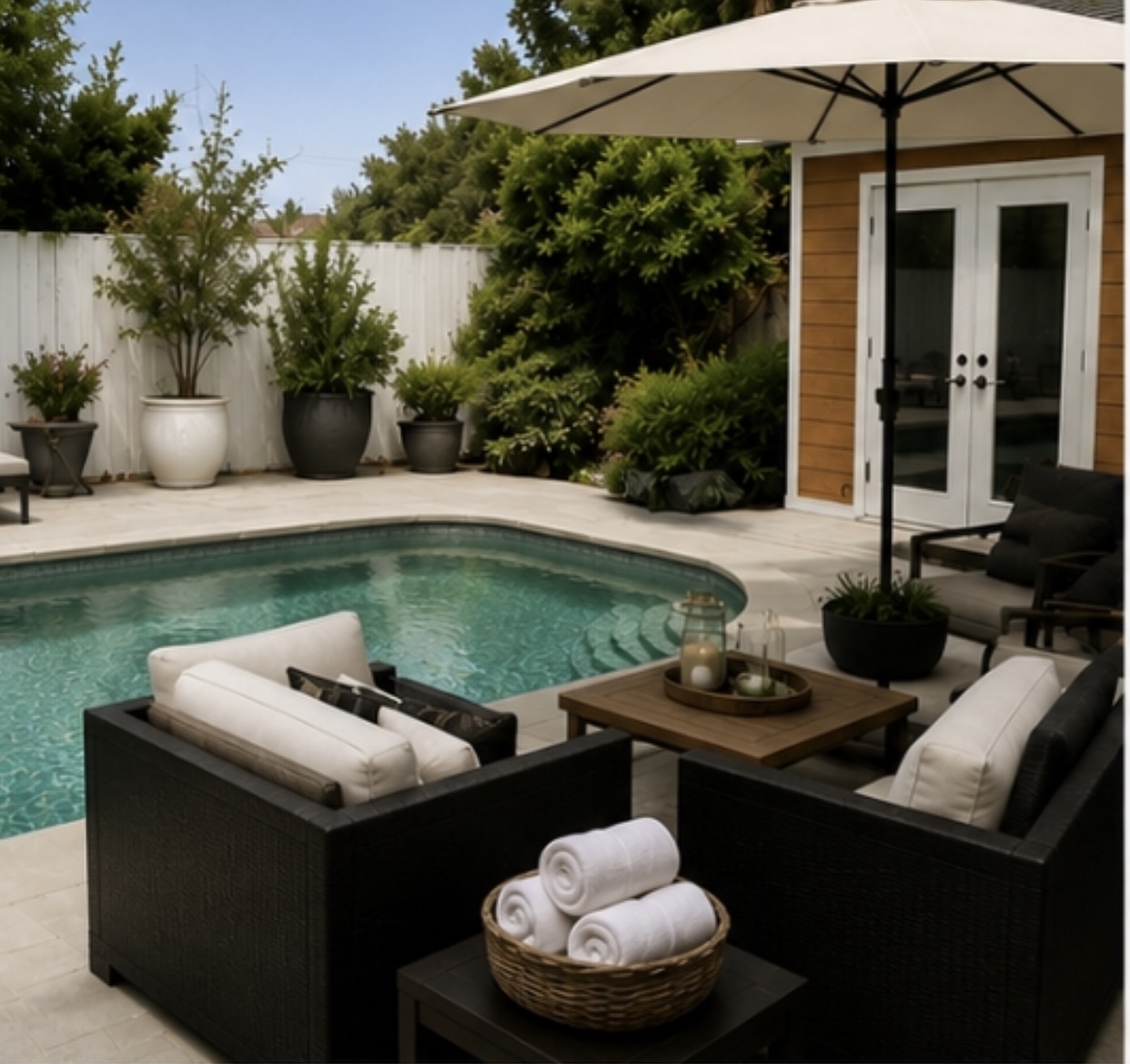 Private backyard pool with lounge seating
